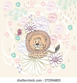 Stylish floral background with cartoon lion  in light colors.