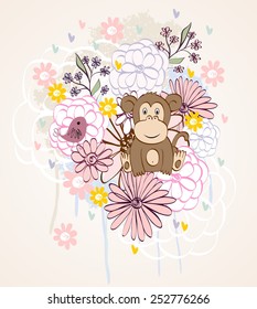 Stylish floral background with cartoon monkey and  bird in light colors.