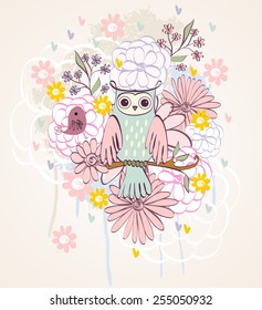 Stylish floral background with cartoon owl in light colors.