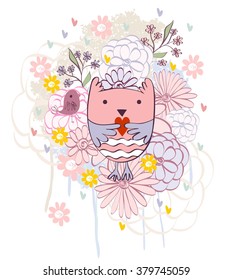 Stylish floral background with cartoon owl in light colors.