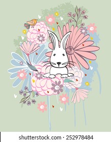 Stylish floral background with cartoon rabbit and  bird in light colors.