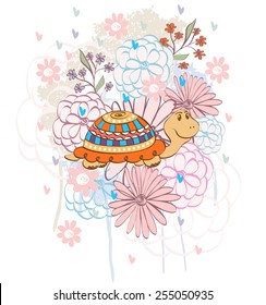 Stylish floral background with cartoon turtle in light colors.