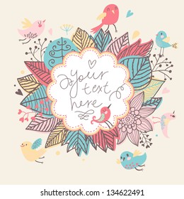 Stylish floral background with cute birds. Vintage colorful card in vector. Bright invitation