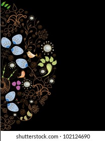 Stylish floral background, hand drawn retro flowers and birds
