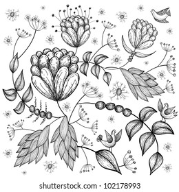  Stylish floral background, hand drawn retro flowers