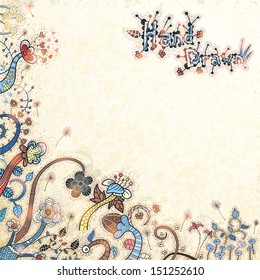 Stylish floral background, hand drawn retro flowers and plants