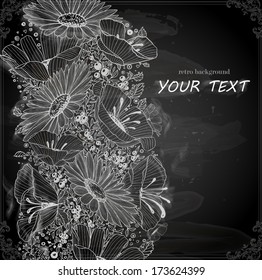 Stylish floral background, hand drawn retro flowers. Chalk style, Chalkboard background.