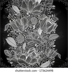 Stylish floral background, hand drawn retro flowers. Chalk style, Chalkboard background.