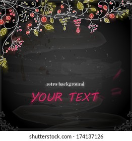Stylish floral background, hand drawn retro flowers. Chalk style, Chalkboard background. Blackboard illustration variant.