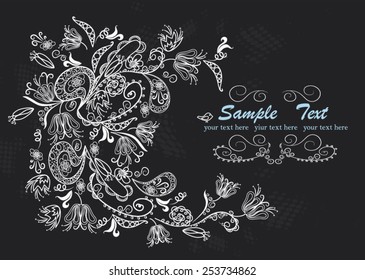 Stylish floral background, hand drawn retro flowers.  Chalkboard background. Blackboard illustration variant.