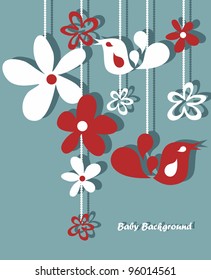 Stylish floral background, hand drawn retro flowers and birds
