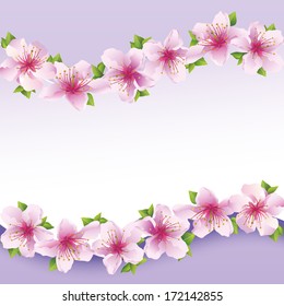 Stylish floral background purple, greeting card with flower sakura. Greeting or invitation card. Stylish vector background. Vector illustration