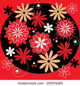 Stylish floral background. Stylized red flowers in a black circle.