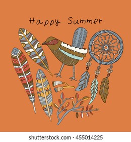 Stylish floral card with cute bird and feathers in bright colors in vector. Awesome cartoon card for summer designs