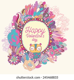 ¿Elegante tarjeta floral hecha de flores lindas, fantástica? búho de explosión y dibujos animados en colores brillantes en vector. Impresionante caricatura para diseños románticos de vacaciones