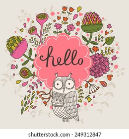 Stylish floral card made of cute clover flowers and owl in bright colors in vector. Awesome cartoon card for summer designs