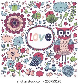 Stylish floral card made of cute flowers, funny bees, butterflies, clouds, stars and cartoon owl in bright colors in vector. Awesome cartoon card for romantic designs