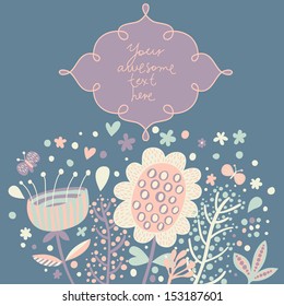 Elegante tarjeta floral con caja de texto en colores claros. Flores con mariposas en forma de dibujos animados en vectores