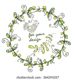 Stylish floral card in vector. Spring wallpaper with cute birds. Ideal for invitation. Save the date card. Romantic wreath with place for your text
