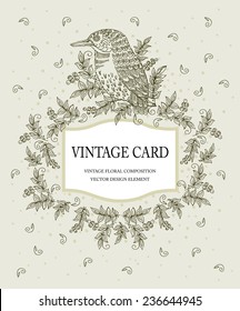 Stylish floral card in vector. Vintage card in pastel colors with a stylized bird.  Ideal for wedding invitation. Save the date card. Romantic wreath with place for your text