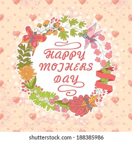 Stylish floral cards,thanks,greeting,background with flowers, plants,ribbons,polka dot,hearts in Doodle.Composition circle.Vintage vector In the style of children's hand-drawing.The best Mother's day
