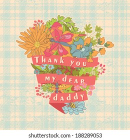 Stylish floral cards,thanks,greeting,template with colored flowers,plants,ribbons,tartan in Doodle.Save the date invitations in vintage vector.In the style of children's hand-drawing.Father's day