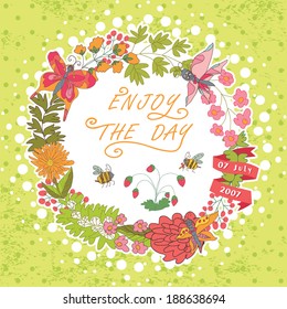 Stylish floral cards,thanks,greeting,template,background with colored flowers, plants,ribbons,polka dot  in Doodle.Composition circle.Vintage vector In style of children's hand-drawing.Enjoy the day