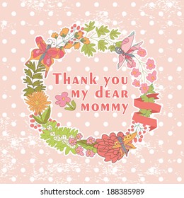 Stylish floral cards,thanks,greeting,template,background with flowers, plants,ribbons,polka dot in Doodle.Composition circle.Vintage vector In style of children's hand-drawing.The best Mother's day