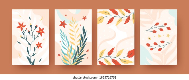 Stylish floral collection of contemporary art posters. Colorful leaves and flowers vector illustrations. Nature and blossom concept for banners, website design or backgrounds