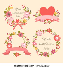 Stylish floral design elements. Graphic set with flowers and hearts.