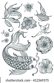 Stylish floral doodle background with koi fish and flowers, retro flowers, hand drawing  illustration, Vector