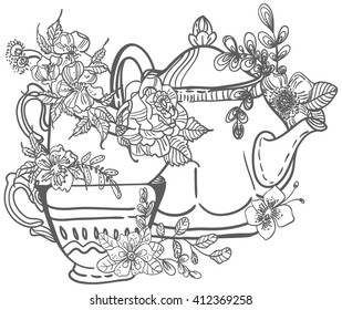 Stylish floral doodle background, retro flowers cups and tea pot, hand drawing  illustration, collection of elements, Vector
