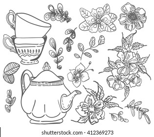 Stylish floral doodle background, retro flowers cups and tea pot, hand drawing  illustration, collection of elements, Vector