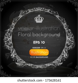 Stylish floral frame, hand drawn retro flowers. Chalk style, Chalkboard background.