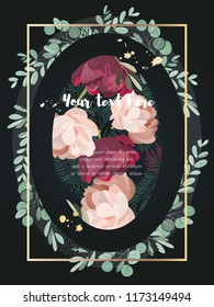 Stylish floral frame with place for text over dark background. Wedding invitation card. Vector illustration