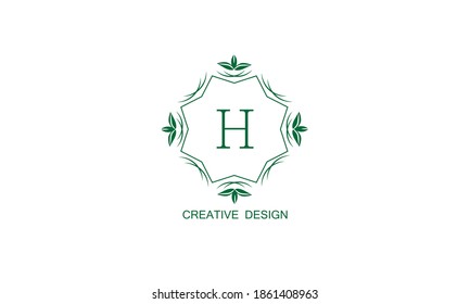 Stylish floral green logo with the letter H on a white background. Vintage elegant monogram, invitation, postcard, restaurant, boutique, cafe.