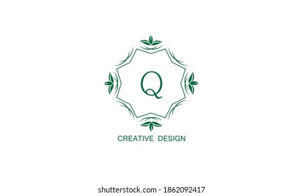 Stylish floral green logo with the letter Q on a white background. Vintage elegant monogram, invitation, postcard, restaurant, boutique, cafe.