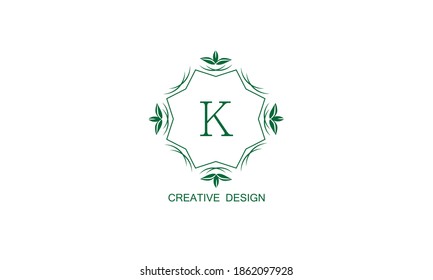Stylish floral green logo with the letter K on a white background. Vintage elegant monogram, invitation, postcard, restaurant, boutique, cafe.