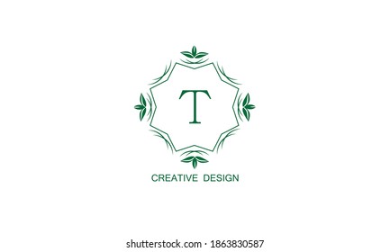 Stylish floral green logo with the letter T on a white background. Vintage elegant monogram, invitation, postcard, restaurant, boutique, cafe.