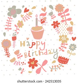 Stylish floral Happy Birthday card in vector. Cute fairy with candle on tasty cupcake in flowers