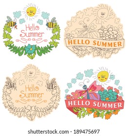 Stylish floral  label  set with colored flowers