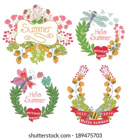 Stylish floral  label  set with colored flowers 