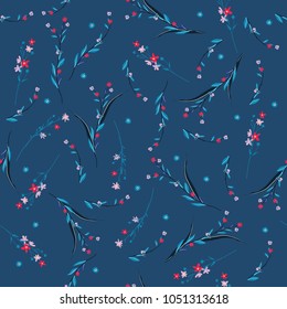 Stylish Floral pattern blowing flowers. Botanical and meadow  Seamless vector For fashion and all prints. Printing with in hand drawn style on dark blue background.