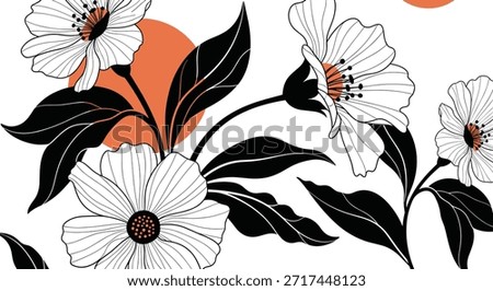 Stylish floral pattern with detailed black and white hand drawn flowers and leaves on vibrant orange circular backgrounds.