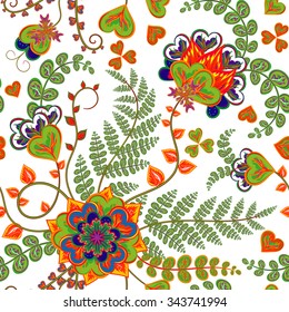 Stylish floral seamless background, hand drawn retro flowers and leave.