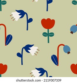 Stilvolles, nahtloses Muster mit abstrakten dekorativen Blumen auf grauem Hintergrund. Modernes Blumendesign für Tapeten, Designpapier oder Betten.