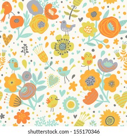 Stylish floral seamless pattern with birds in vector. Cute cartoon natural background in bright colors