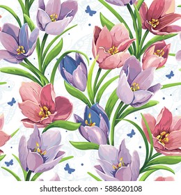 Stylish floral seamless pattern with crocuses. Beautiful elegance vintage background with watercolor summer flowers. Greeting easter, happy Mothers and Womens Day card, vector illustration