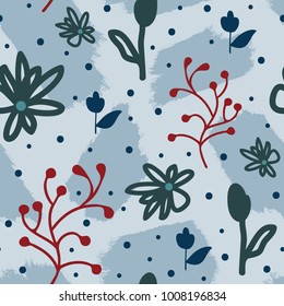 Stylish floral seamless pattern drawn by hand. Repeated plant elements and brush strokes. Grunge, doodle, sketch, watercolour. Vector illustration.