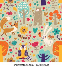 Stylish floral seamless pattern with forest animals: bear, fox, owl, rabbit. Vector background with butterflies, snail, trees and flowers in bright colors. 